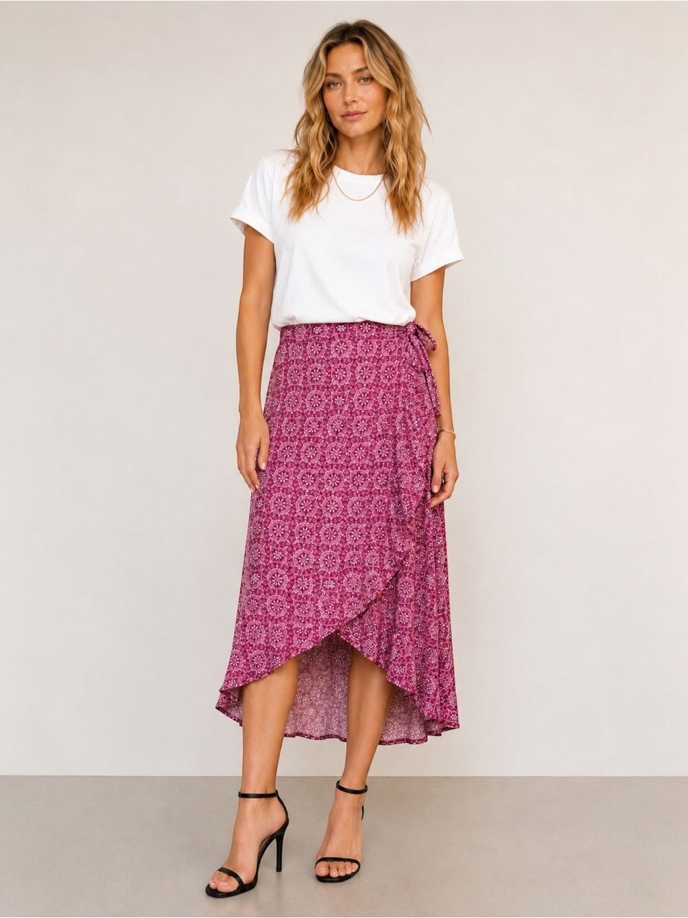 Loveappella Wrap Maxi Skirt Side Tie Pull On Hi Low Medallion Pink White Medium